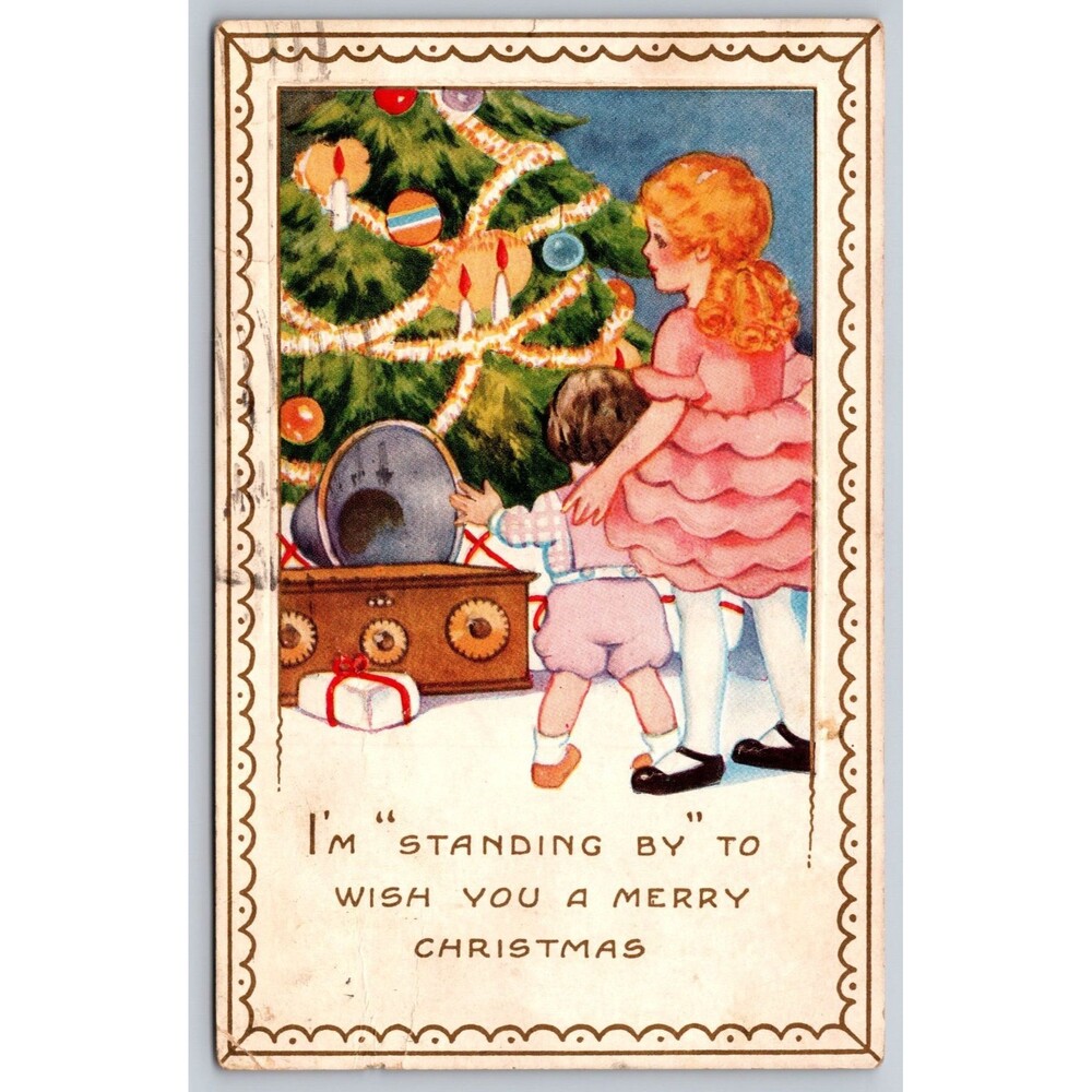 Vintage Christmas Postcard Children Tree Whitney Made Muncie Indiana Addressed